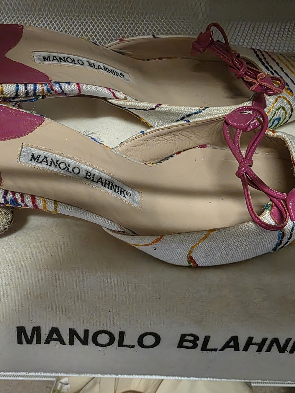 Manolo Blahnik White Multicolor Embroidered Flats with Pink Trim